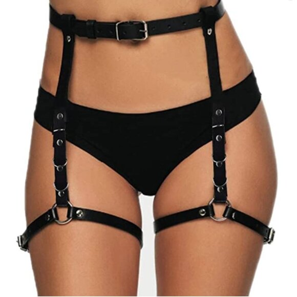 Black Faux Leather Silver Bondage Waist Leg Belt Cage Harness Body Jewelry - Picture 2 of 5
